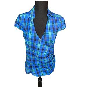 Express Designs Studio Wrap Short-Sleeve Plaid Top